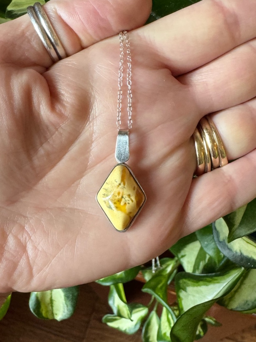 VTG Sterling Silver Egg Yolk Amber (with Included Plant Matter) Pendant Necklace